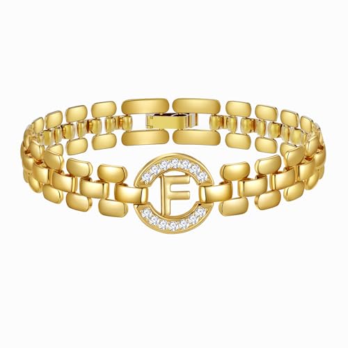 Rajputana Initialen-Armband - 14 Karat Vergoldetes Buchstaben-Armband für Frauen, Dickes Goldenes Armreif mit Alphabet-Charm-Kette, Initiale F von Rajputana