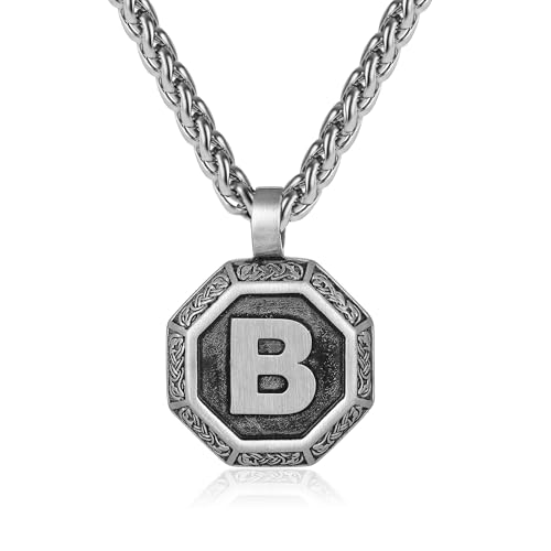 Rajputana Initialen-Halskette für Männer und Jungen, Edelstahl-Buchstaben-Anhängerkette 50 + 5 cm, achteckig nordischer Wikinger-Talisman Schmuckgeschenke Initialen B von Rajputana