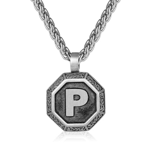 Rajputana Initialen-Halskette für Männer und Jungen, Edelstahl-Buchstaben-Anhängerkette 50 + 5 cm, achteckig nordischer Wikinger-Talisman Schmuckgeschenke Initialen P von Rajputana