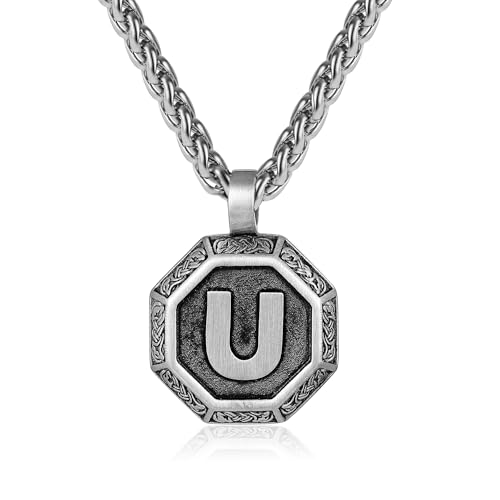 Rajputana Initialen-Halskette für Männer und Jungen, Edelstahl-Buchstaben-Anhängerkette 50 + 5 cm, achteckig nordischer Wikinger-Talisman Schmuckgeschenke Initialen U von Rajputana