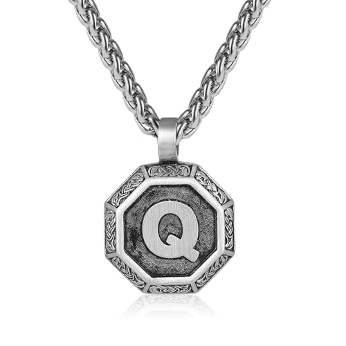 Rajputana Initialen-Halskette für Männer und Jungen, Edelstahl-Buchstaben-Anhängerkette 50 + 5 cm, achteckig nordischer Wikinger-Talisman Schmuckgeschenke Initialen von Rajputana