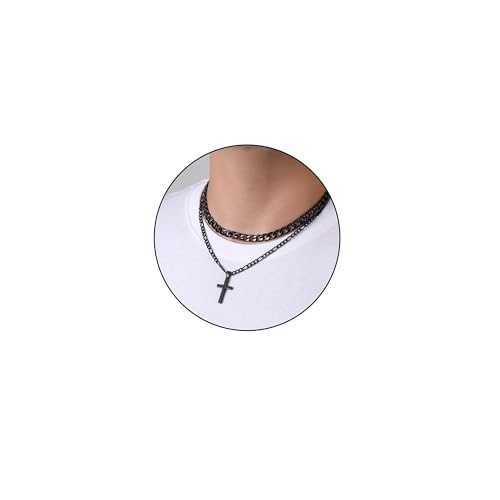 Rajputana Schwarzes Kreuz Halskette für Männer Edelstahl Kette Herren Mens Cross Chain Necklace Schwarzes Herren Geschichtete Kubanische Figaro Kette Halskette Christliche Schmuck Geschenke von Rajputana