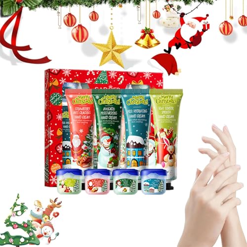 Handcreme Lippenstift Set,Handcreme Weihnachten Set,Weihnachts-Feuchtigkeit Reparatur-Handcreme-Lippenstift-Kombinationsset,Weihnachtsgeschenke für Frauen Männer (4x Handcreme,4x Lippenbalsam) von Rakiuty