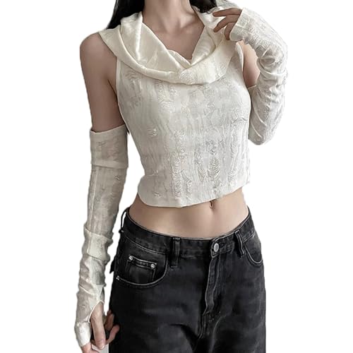 Damen Gothic Schulterfrei Kapuzen Top Y2K Pullover Weste mit Overleeve, Weiss/opulenter Garten, Medium von Ralcosuss