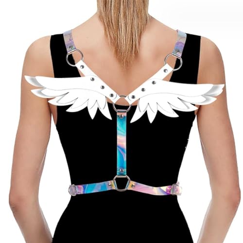 Punk Engelsflügel Brustgeschirr Taille Bauch Kette Gürtel Rave Schmuck Zubehör Halloween Outfit, Weiß + Hologramm, Einheitsgröße von Ralcosuss