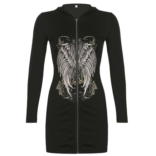 Ralondbey Hoodies Herbst Winter Langarm Sweatshirt Frauen Gothic Punk Reißverschluss Hoodies für Jacke Mini Bodycon Kleid Harajuku Vintage Engelsflügel Druck Paket Hüfte Sweatshirt Slim Cardigan von Ralondbey
