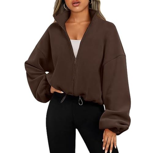 Ralondbey Hoodies Herbst Winter Thermo Langarm Sweatshirt Damen Cropped Zip Up Hoodie Sweatshirt Langarm Cropped Jacke Mantel Outwear Braun, braun, XL von Ralondbey