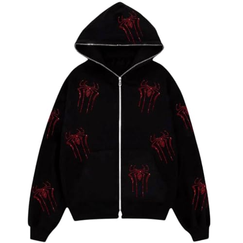 Ralondbey Hoodies Herbst Winter Thermo-Sweatshirt Langarm Sweatshirt Unisex Reißverschluss Hoodie Sweatshirt Rote Spinne Print Jacke Punk-Halloween Sweatshirt, siehe abbildung, L von Ralondbey