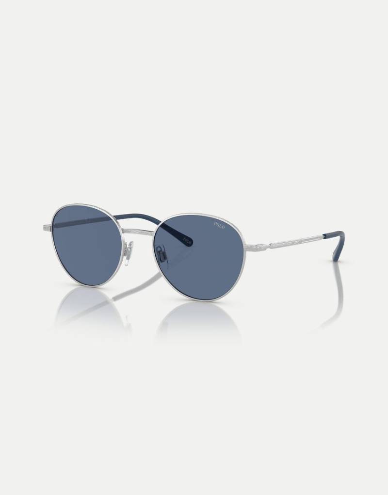 Polo Ralph Lauren - Ph3144 - Runde Sonnenbrille in leicht glänzendem Silber mit blauen Gläsern von Ralph Lauren