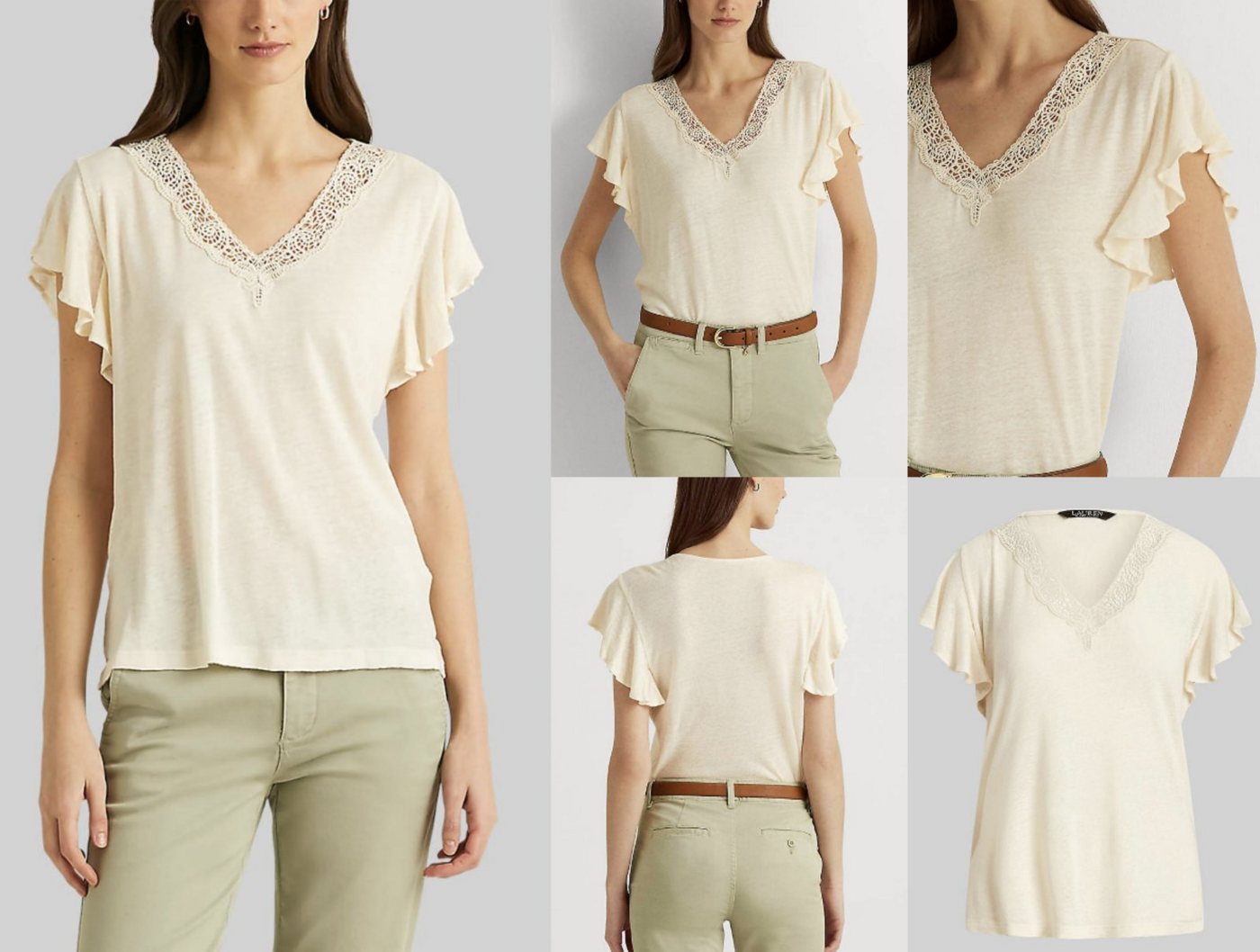 Ralph Lauren T-Shirt LAUREN RALPH LAUREN SIGLAY LINEN V-Neck Ruffle Shirt Top Bluse T-shirt von Ralph Lauren