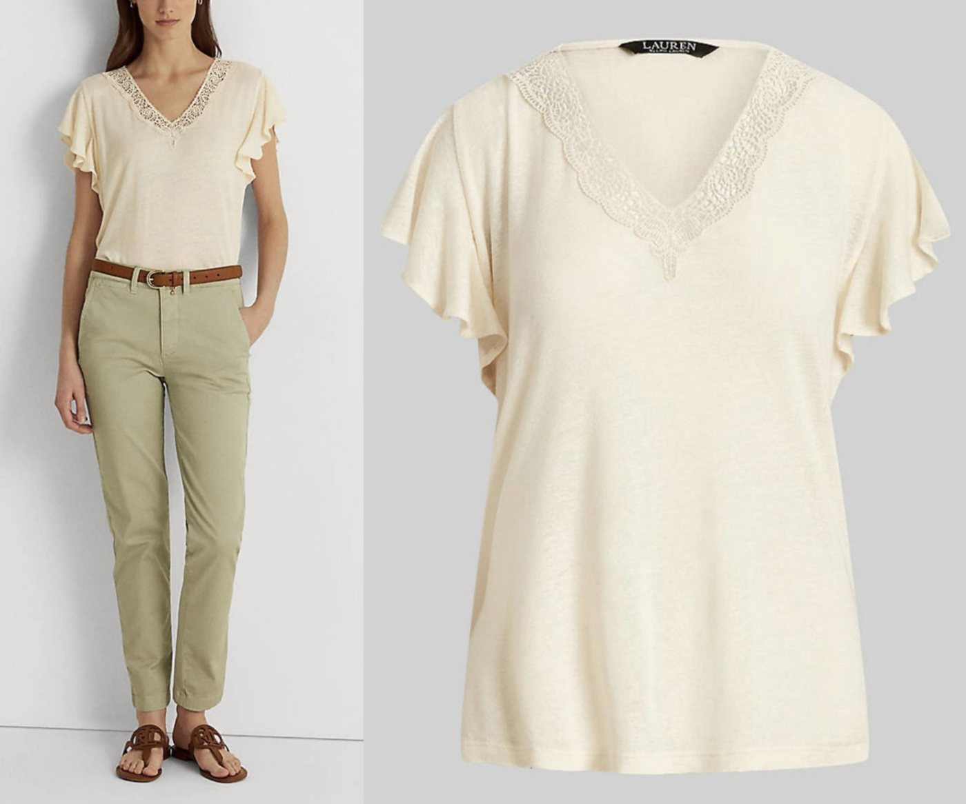 Ralph Lauren T-Shirt LAUREN RALPH LAUREN SIGLAY LINEN V-Neck Ruffle Shirt Top Bluse T-shirt von Ralph Lauren