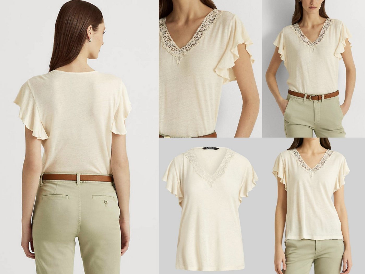 Ralph Lauren T-Shirt LAUREN RALPH LAUREN SIGLAY LINEN V-Neck Ruffle Shirt Top Bluse T-shirt von Ralph Lauren