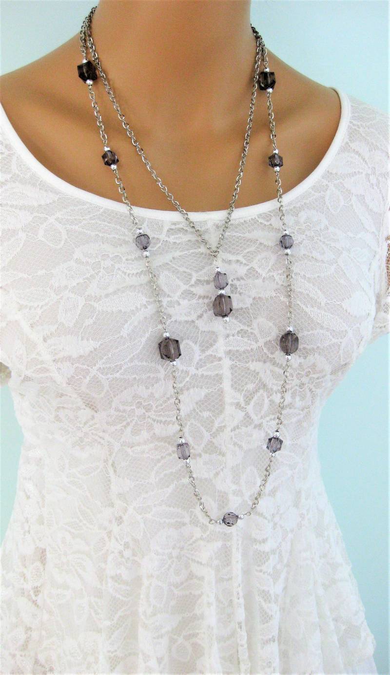 Graue Perlen Multi-strang-Halskette Lange Silberkette, Acrylperlen von RalstonOriginals