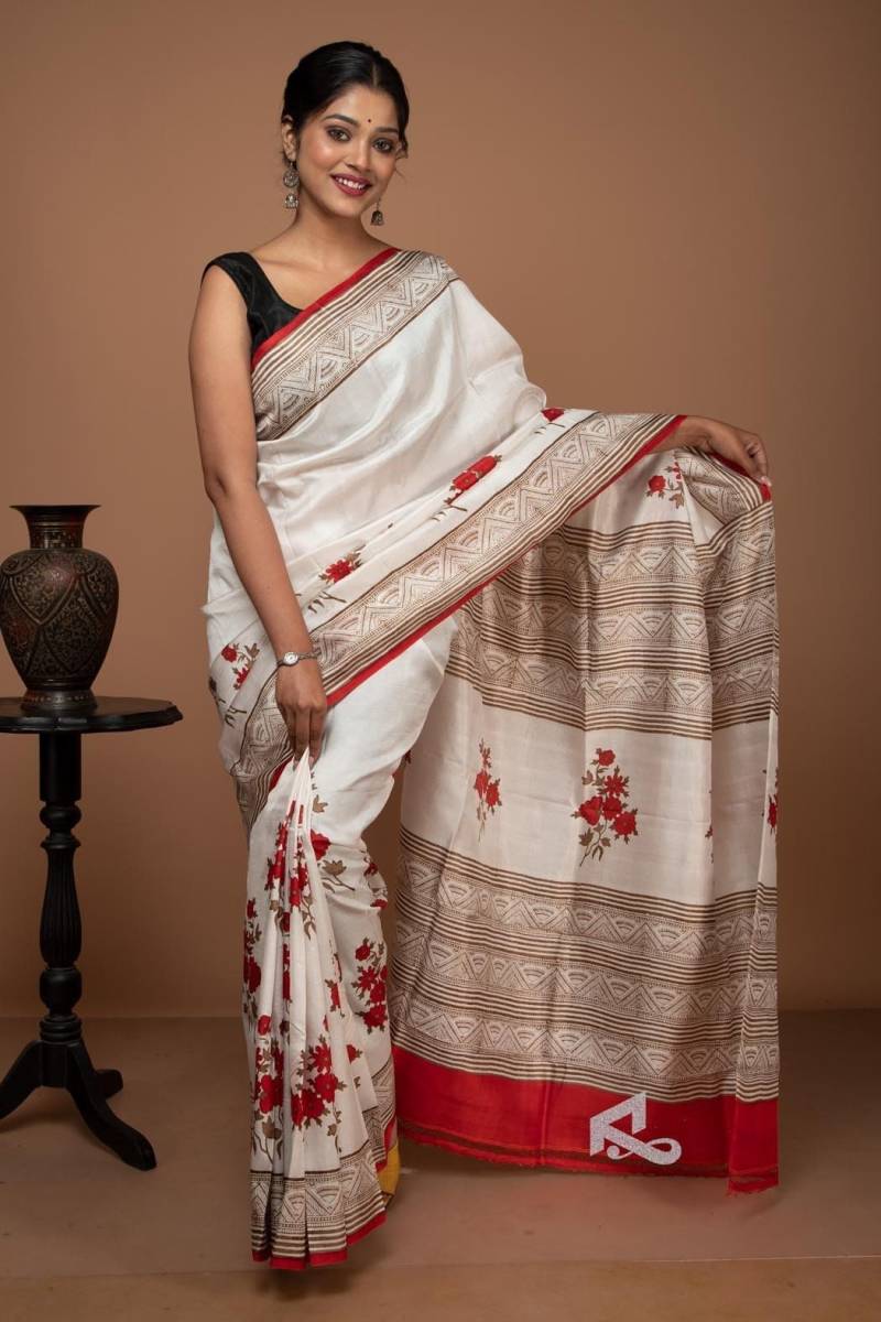 Weiß Und Rot Blumendruck Seide Saree | Rote Farbe Bluse Seidenzeichen Zertifiziert von RamdhanuEthnicIndia