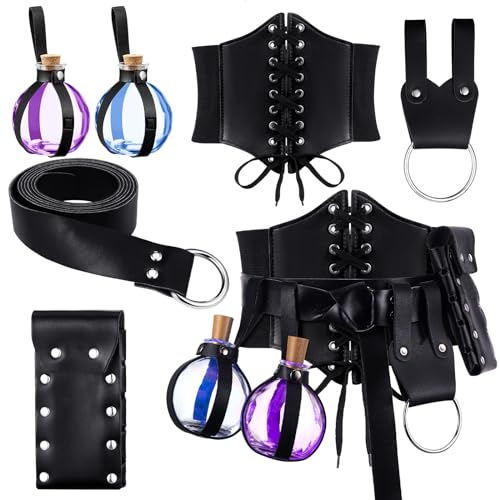 Ramede Halloween Renaissance Cosplay Kostüm Leder Ring Gürtel Hexe Zauberer Taille Korsett Flasche Mittelalter Tasche, Schwarz von Ramede