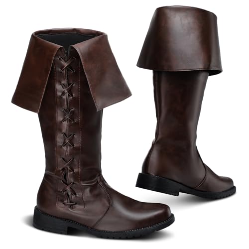 Ramede Mittelalterliche Piratenstiefel Herren Renaissance Schuhe Gothic Wikinger Kampfstiefel für Halloween Kostüm Cosplay, Braun, 10 US von Ramede