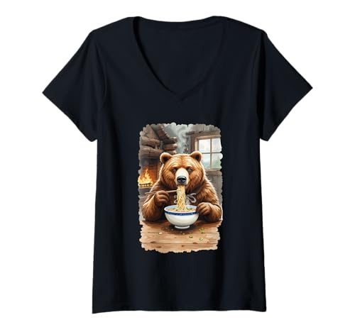 Damen Süßer Bär, der Ramen in Hütte isst, lustiger Tier-Nudel-Liebhaber T-Shirt mit V-Ausschnitt von Ramen Bear Apparel for Food Lover