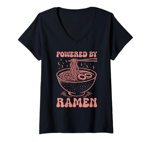 Damen Angetrieben von Ramen Noodles Kawaii Anime Foodie Bowl Of Ramen T-Shirt mit V-Ausschnitt von Ramen Bowl Noodle Soup Japanese Food Lover Gifts