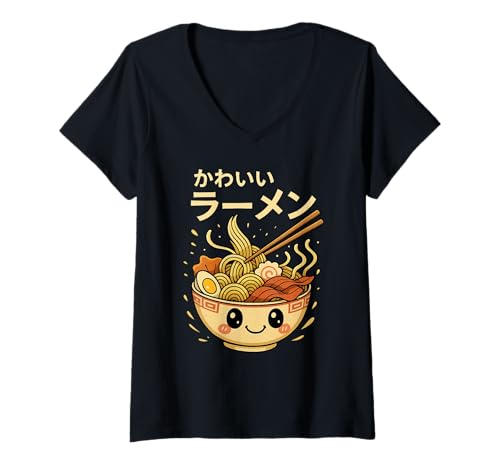 Damen Japanische Ramen-Schüssel Nudelsuppe Asiatisches Essen Anime Otaku T-Shirt mit V-Ausschnitt von Ramen Bowl Noodle Soup Japanese Food Lover Gifts