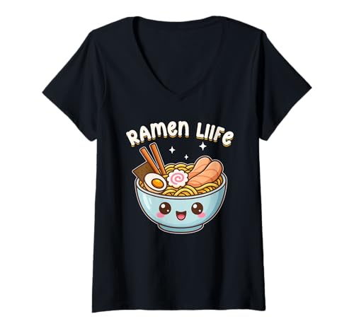 Damen Kawaii Ramen Life Schale Ramen Nudeln Suppe Anime Otaku T-Shirt mit V-Ausschnitt von Ramen Bowl Noodle Soup Japanese Food Lover Gifts