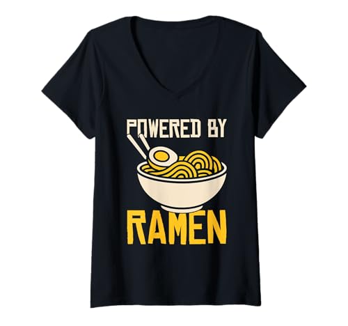 Damen Powered By Ramen Bowl Of Noodle Soup Asiatisches Essen Anime Otaku T-Shirt mit V-Ausschnitt von Ramen Bowl Noodle Soup Japanese Food Lover Gifts