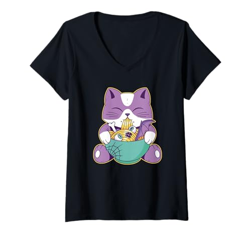 Damen Niedliche Ramen Nudeln Katze Kawaii Anime Neko Japanisch Halloween T-Shirt mit V-Ausschnitt von Ramen Cat Kawaii Anime Halloween Apparel