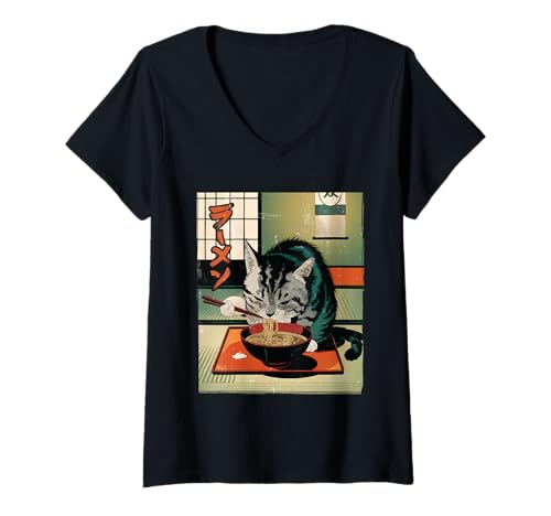 Damen Katze isst Ramen -Nudeln lustiges asiatisches Essen T-Shirt mit V-Ausschnitt Damen Katze isst Ramen -Nudeln lustiges asiatisches Essen T-Shirt mit V-Ausschnitt von Ramen Cat