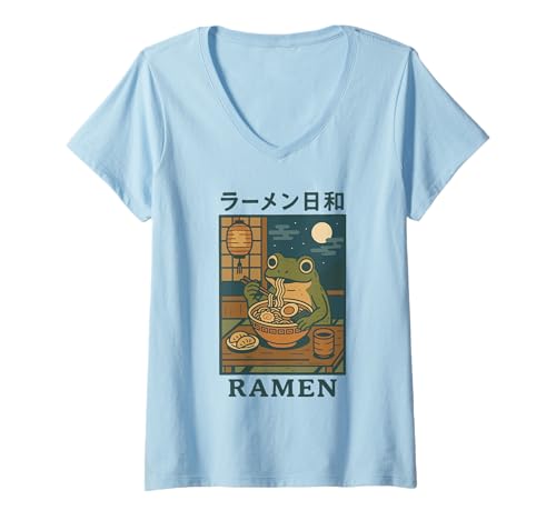 Damen Retro Frosch isst Ramen Süße japanische Nudel Nachtfutter T-Shirt mit V-Ausschnitt von Ramen Frog for Japanese Foodies Cute Frog Fan