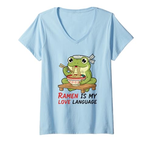 Damen Ramen is My Love Niedlicher Kawaii-Frosch T-Shirt mit V-Ausschnitt von Ramen Love Collection