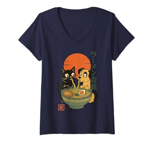 Damen Süße Katze und Hund schlürfen Ramen Nudeln Cartoon Kawaii T-Shirt mit V-Ausschnitt Damen Süße Katze und Hund schlürfen Ramen Nudeln Cartoon Kawaii T-Shirt mit V-Ausschnitt von Ramen Pet Lovers Kawaii Noodle Apparel