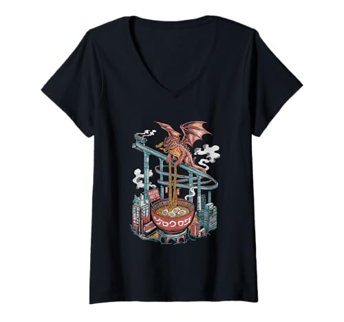 Damen Japan Ramen Tshirt Monster Kaiju Dragon Manga Anime Drache T-Shirt mit V-Ausschnitt von Ramen T-Shirt Kaiju Ukiyo-e Art Monster Japanisch