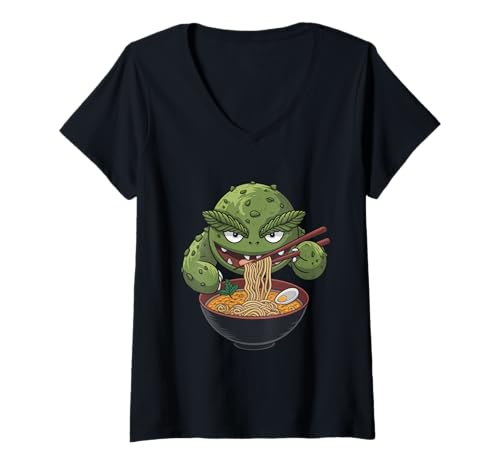 Damen Japan Ramen Tshirt Monster Kaiju Dragon Manga Anime Drache T-Shirt mit V-Ausschnitt von Ramen T-Shirt Kaiju Ukiyo-e Art Monster Japanisch