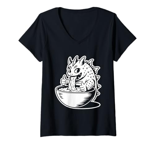 Damen Japan Ramen Tshirt Monster Kaiju Dragon Manga Anime Drache T-Shirt mit V-Ausschnitt von Ramen T-Shirt Kaiju Ukiyo-e Art Monster Japanisch