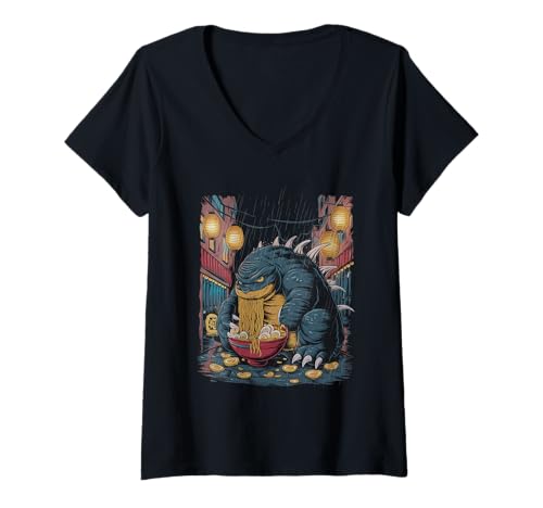Damen Japan Ramen Tshirt Monster Kaiju Dragon Manga Anime Drache T-Shirt mit V-Ausschnitt von Ramen T-Shirt Kaiju Ukiyo-e Art Monster Japanisch