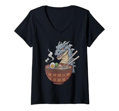Damen Japan Ramen Tshirt Monster Kaiju Dragon Manga Anime Drache T-Shirt mit V-Ausschnitt von Ramen T-Shirt Kaiju Ukiyo-e Art Monster Japanisch