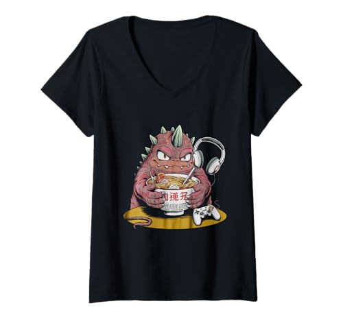 Damen Japan Ramen Tshirt Monster Kaiju Dragon Manga Anime Drache T-Shirt mit V-Ausschnitt von Ramen T-Shirt Kaiju Ukiyo-e Art Monster Japanisch