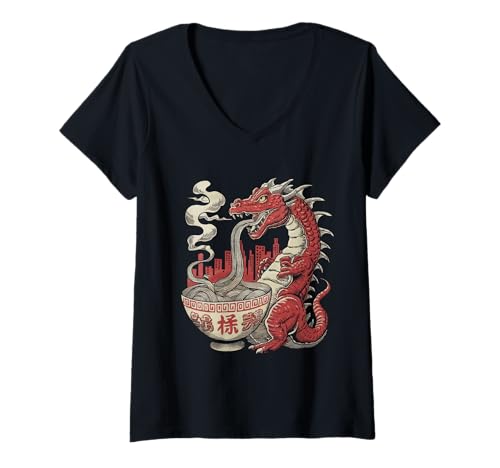 Damen Japan Ramen Tshirt Monster Kaiju Dragon Manga Anime Drache T-Shirt mit V-Ausschnitt von Ramen T-Shirt Kaiju Ukiyo-e Art Monster Japanisch