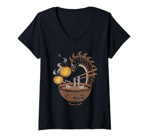 Damen Japan Ramen Tshirt Monster Kaiju Dragon Manga Anime Drache T-Shirt mit V-Ausschnitt von Ramen T-Shirt Kaiju Ukiyo-e Art Monster Japanisch