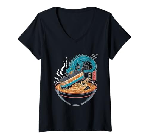 Damen Japan Ramen Tshirt Monster Kaiju Dragon Manga Anime Drache T-Shirt mit V-Ausschnitt von Ramen T-Shirt Kaiju Ukiyo-e Art Monster Japanisch