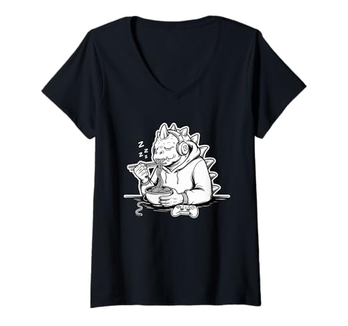 Damen Japan Ramen Tshirt Monster Kaiju Dragon Manga Anime Drache T-Shirt mit V-Ausschnitt von Ramen T-Shirt Kaiju Ukiyo-e Art Monster Japanisch