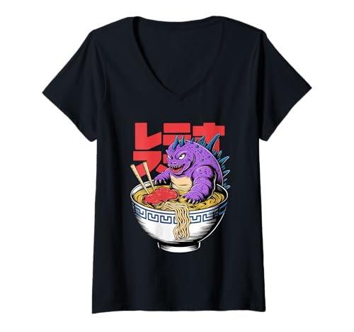Damen Japan Ramen Tshirt Monster Kaiju Dragon Manga Anime Drache T-Shirt mit V-Ausschnitt von Ramen T-Shirt Kaiju Ukiyo-e Art Monster Japanisch