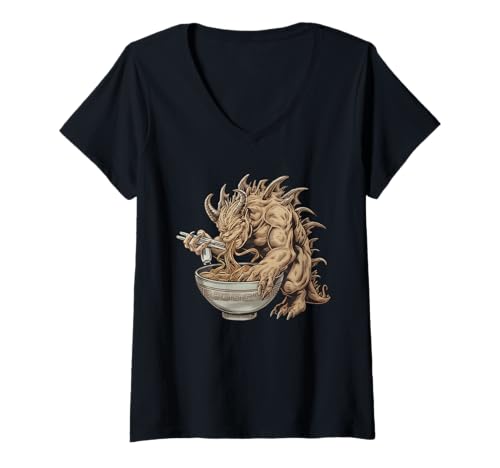 Damen Japan Ramen Tshirt Monster Kaiju Dragon Manga Anime Drache T-Shirt mit V-Ausschnitt von Ramen T-Shirt Kaiju Ukiyo-e Art Monster Japanisch