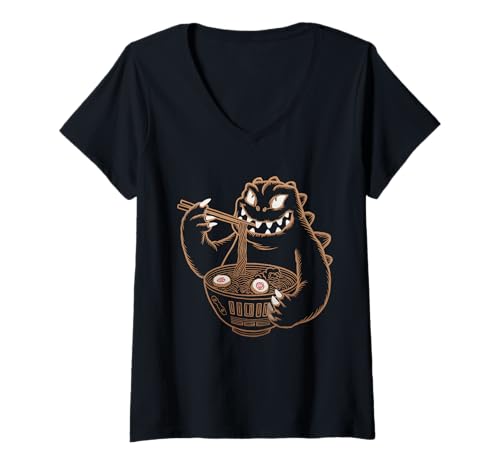 Damen Japan Ramen Tshirt Monster Kaiju Dragon Manga Anime Drache T-Shirt mit V-Ausschnitt von Ramen T-Shirt Kaiju Ukiyo-e Art Monster Japanisch