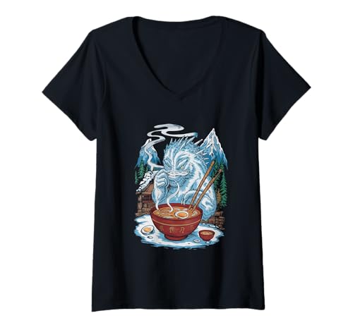 Damen Japan Ramen Tshirt Monster Kaiju Dragon Manga Anime Drache T-Shirt mit V-Ausschnitt von Ramen T-Shirt Kaiju Ukiyo-e Art Monster Japanisch