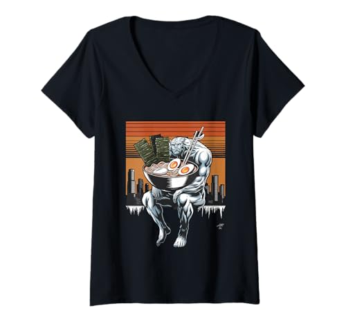 Damen Japan Ramen Tshirt Monster Kaiju Dragon Manga Anime Drache T-Shirt mit V-Ausschnitt von Ramen T-Shirt Kaiju Ukiyo-e Art Monster Japanisch