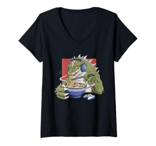 Damen Japan Ramen Tshirt Monster Kaiju Dragon Manga Anime Drache T-Shirt mit V-Ausschnitt von Ramen T-Shirt Kaiju Ukiyo-e Art Monster Japanisch
