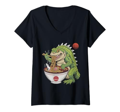 Damen Japan Ramen Tshirt Monster Kaiju Dragon Manga Anime Drache T-Shirt mit V-Ausschnitt von Ramen T-Shirt Kaiju Ukiyo-e Art Monster Japanisch