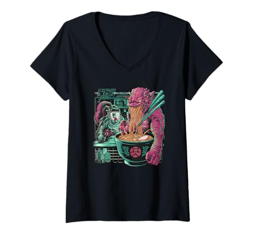 Damen Japan Ramen Tshirt Monster Kaiju Dragon Manga Anime Drache T-Shirt mit V-Ausschnitt von Ramen T-Shirt Kaiju Ukiyo-e Art Monster Japanisch