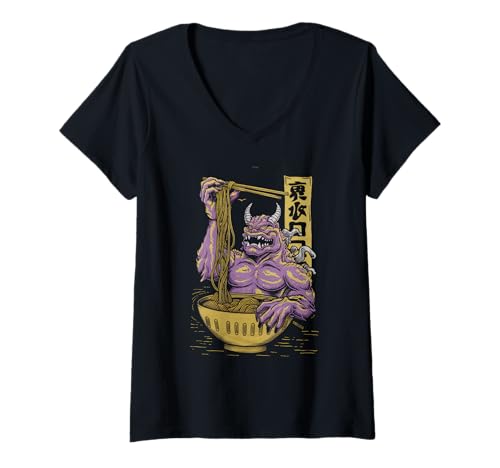Damen Japan Ramen Tshirt Monster Kaiju Dragon Manga Anime Drache T-Shirt mit V-Ausschnitt von Ramen T-Shirt Kaiju Ukiyo-e Art Monster Japanisch