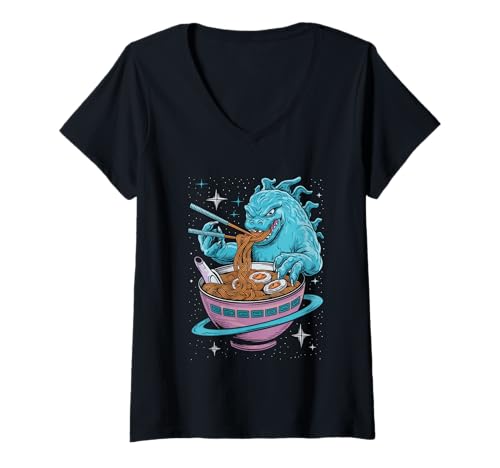 Damen Japan Ramen Tshirt Monster Kaiju Dragon Manga Anime Drache T-Shirt mit V-Ausschnitt von Ramen T-Shirt Kaiju Ukiyo-e Art Monster Japanisch